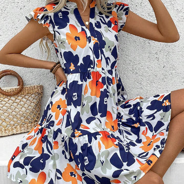 Printed Ruffled Hem Notched Collar Mini Bay Sleeve Dress