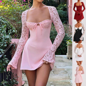 Fashion Corset Lace Long Sleeve Dress Sexy Backless Lace Up Short Dresses