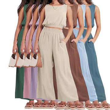Casual Round Neck Sleeveless Elastic Lower Hem High Waist Wide Leg Two-piece Set