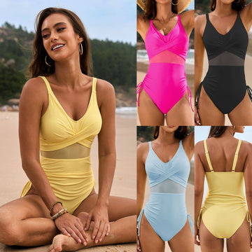 Pure Color Mesh Drawstring Swimsuit