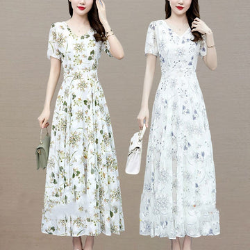 Loose Long V-neck Short Sleeve Ice Silk Satin Dress