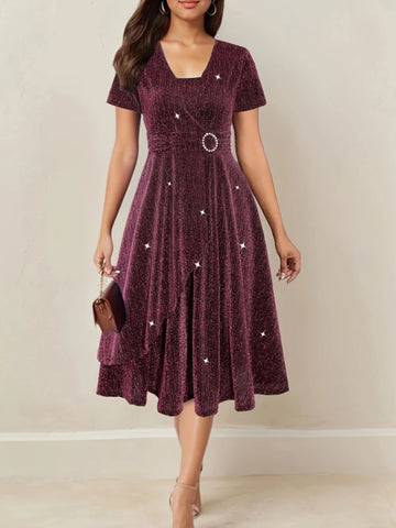 Asymmetrical Hem Short Sleeve V-neck Cross Elegant Solid Color Rhinestone Dress Amaranth