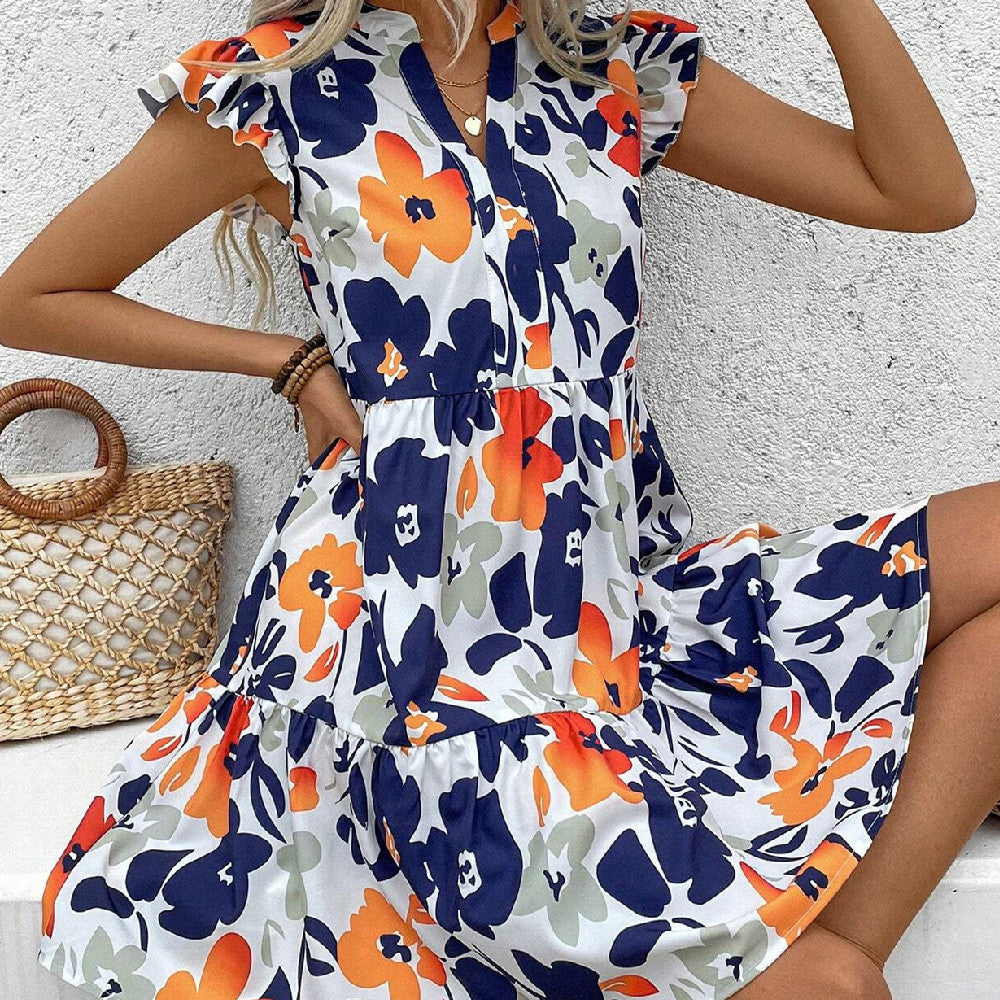 Printed Ruffled Hem Notched Collar Mini Bay Sleeve Dress