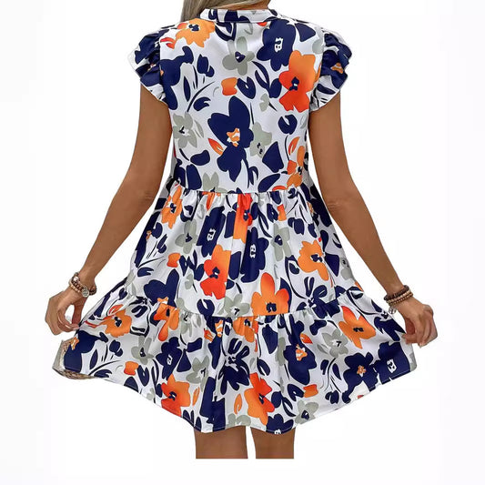 Printed Ruffled Hem Notched Collar Mini Bay Sleeve Dress