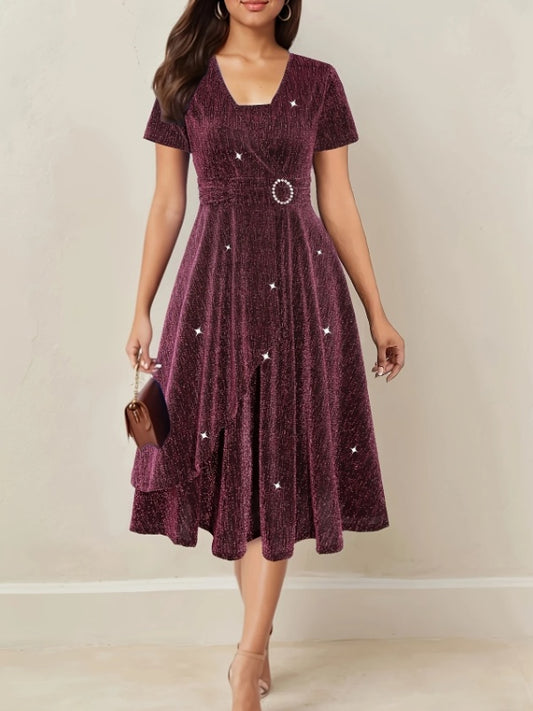 Asymmetrical Hem Short Sleeve V-neck Cross Elegant Solid Color Rhinestone Dress Amaranth