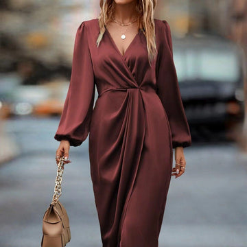 Temperament Pure Color Waist-tight Split V-neck Dress for Women – Effortless Elegance and Confidence ✨
