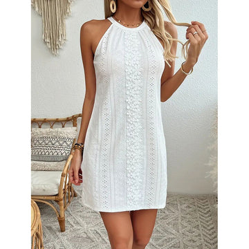Women's Elegant Halter Neck Sleeveless Mini Dress Eyelet Embroidery A Line Short Dress