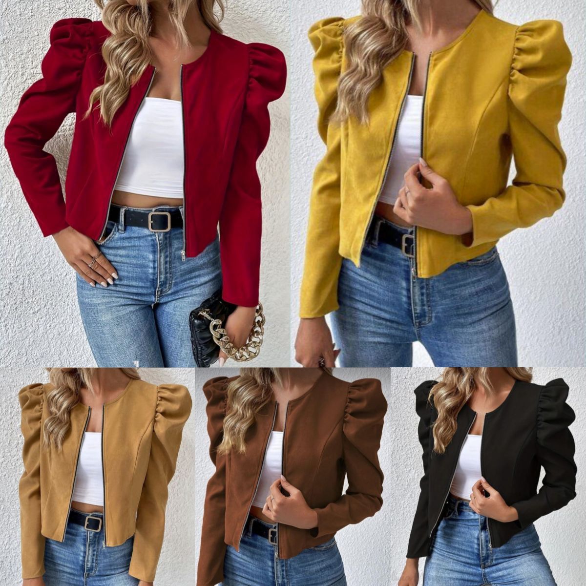 Round Neck Cardigan Zipper Bubble Long Sleeve Coat Women's Clothing