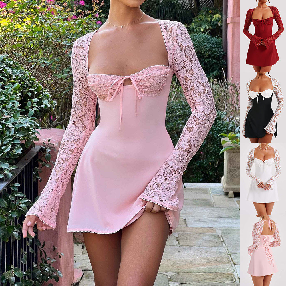 Fashion Corset Lace Long Sleeve Dress Sexy Backless Lace Up Short Dresses