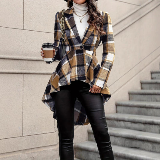 Plaid Pattern Button Front Jacket Long Sleeve High And Low Flared Jacket