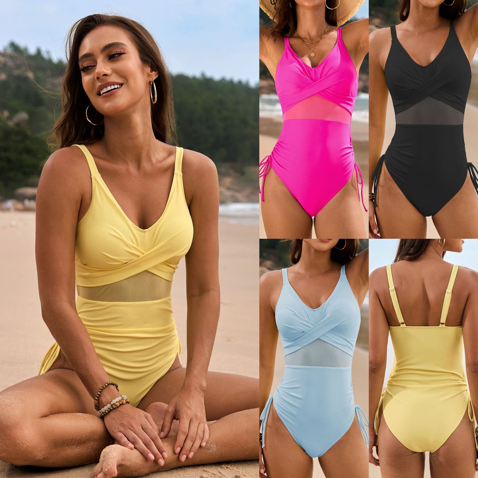 Pure Color Mesh Drawstring Swimsuit