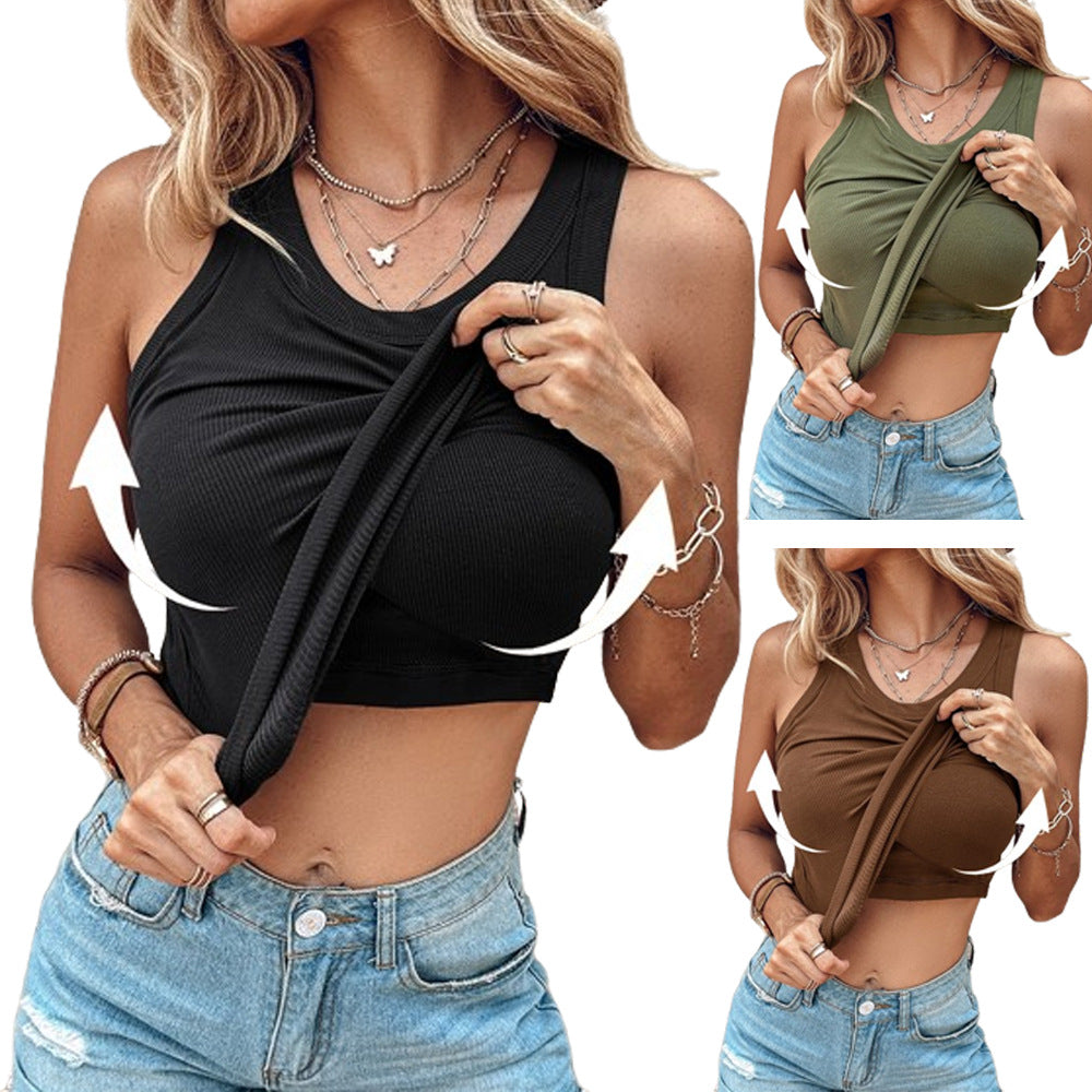 New Style Solid Color Vest With Bra Crewneck Women&#039;s Sexy Bottoming Inner Wearing Top
