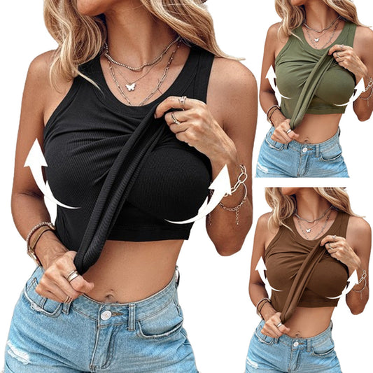 New Style Solid Color Vest With Bra Crewneck Women&#039;s Sexy Bottoming Inner Wearing Top