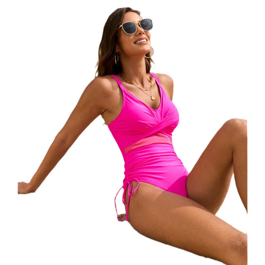 Pure Color Mesh Drawstring Swimsuit
