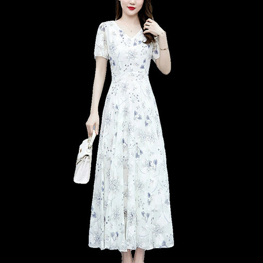 Loose Long V-neck Short Sleeve Ice Silk Satin Dress