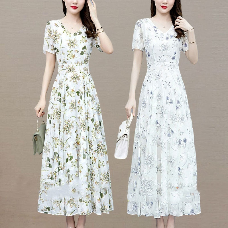 Loose Long V-neck Short Sleeve Ice Silk Satin Dress